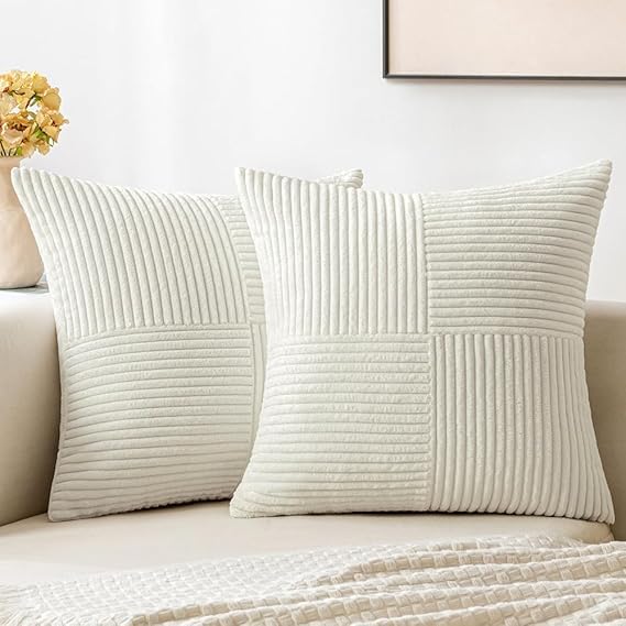 Image of Guffaw Corduroy Pillow Covers Boho Decorative Spliced Throw Pillow Covers Soft Solid Couch Pillowcases Cross Patchwork Cushion Covers for Living Room Bed Sofa 16x16 inch (1, White)
