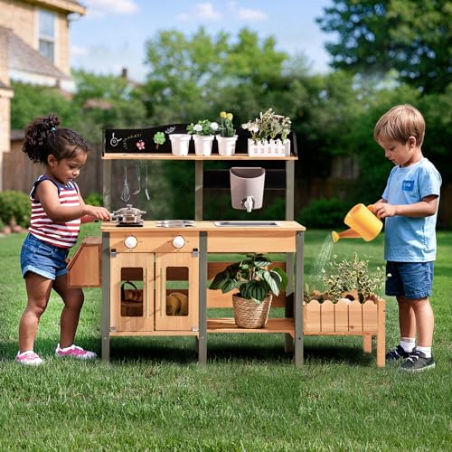 Image of ROBOTIME Mud Kitchen for Kids Outdoor, Wood Outdoor Kitchen with Insect Observation Box & Planter Box, Toddler Play Kitchen with Removable Sink & Faucet, Pretend Outdoor Playset