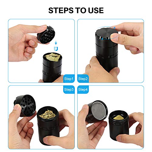 Portable With Mini Grinder - lzndeal 5 Piece 2" Herb Grinder, Spice Grinder with Pollen Catcher, Aluminium Stash jar and grinder 2 in 1 Upgraded, Metal Black