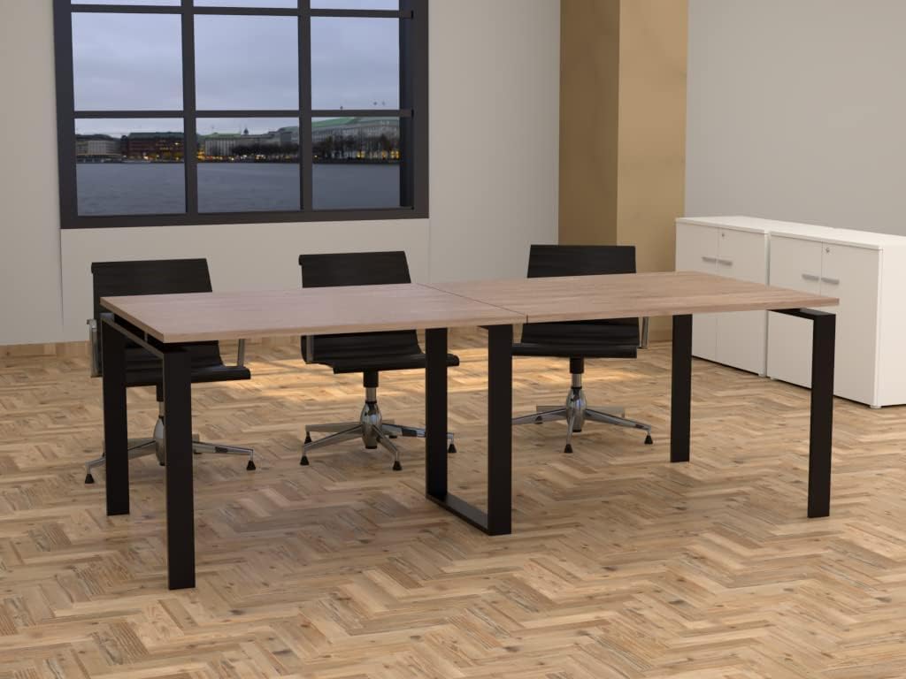 Mesa con Estructura metálica Marco Abierto Negro de 240x100, con pata retranqueada y Tablero melaminado Ideal para Sala de Juntas, reuniones, conferencias (Roble)