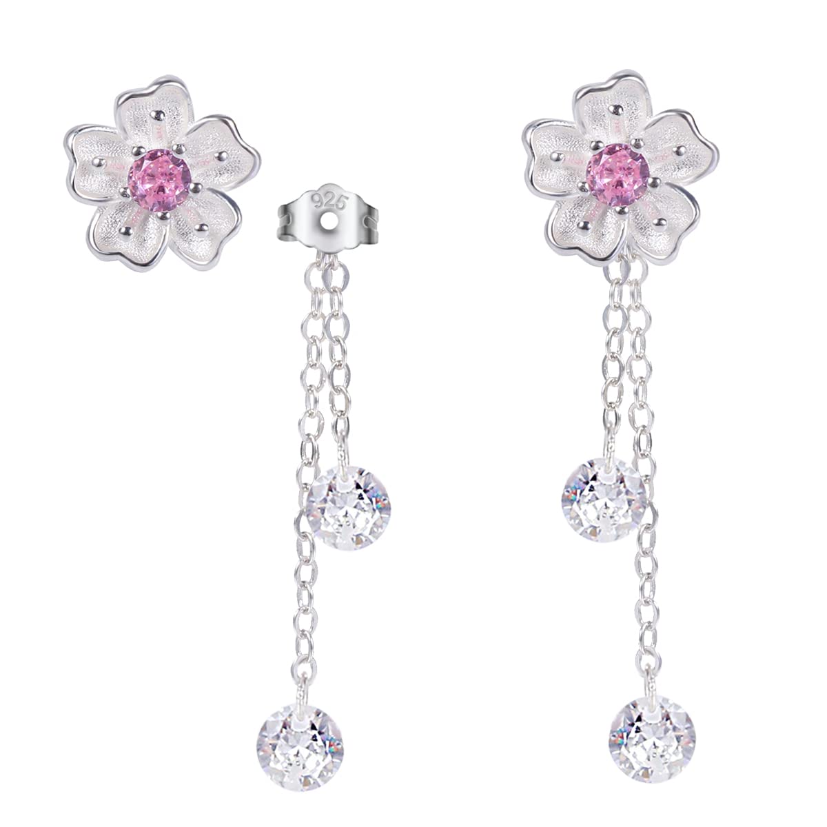 925 Sterling Silver Flower Stud Earrings for Women,2 in 1 Pink CZ Cherry Blossoms Earrings Cute Dainty Drops earrings Lightweight Hypoallergenic Jewelry Gift Box Included