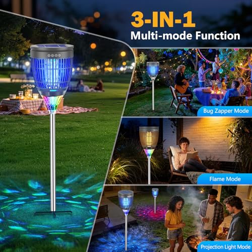 Image of All in 1 Solar Bug Zapper Outdoor, Flame & Projection Mode, Auto /Manual Modes, 4200V Electric Mosquito Killer with High Powered, IPX5 Waterproof Rechargeable Fly Insect Trap for Patio Garden Yard RV
