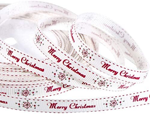 98.4 Feet White Merry Christmas Ribbon Roll for Craft Gift Wrapping Xmas Snowflake Ribbon for Present Packaging Holiday Party Decorations Favors Supplies, 10 mm Wide