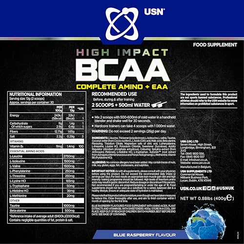 USN Complete Amino & EAA Intra Workout Powder, Blue Raspberry Flavour - 400g, Vegan Energy Drink, Premium BCAA Amino Acids & Glutamine Recovery Drink, High Impact Pre Workout & Post Workout Shake