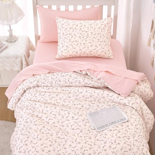 Image of Wake In Cloud - Floral Comforter Set, Coquette Cottagecore Aesthetic Cute Flower Pattern for Women Teen Girls, Soft Lightweight Dorm Bedding, 3 Pieces, Dusty Pink, Twin /Twin XL Size