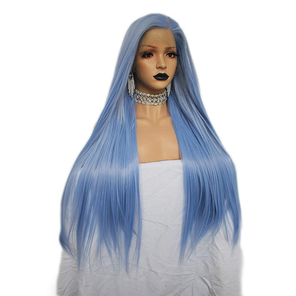 Perruque soie avant bourgeon bleu raide tissée main 26 pouces en fibre synthétique premium