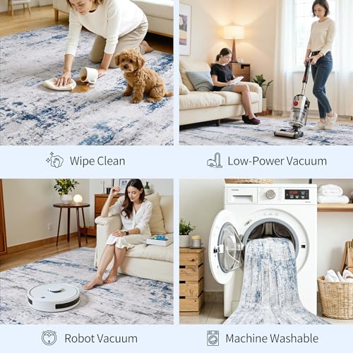 Image of 8x10 Area Rugs for Living Room Large Washable Abstract Rug White Gray Blue
