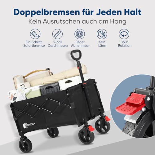 SUNULA Bollerwagen Faltbar Klein 80L 100KG, Faltbarer Bollerwagen Klappbarer Handwagen mit Halbiertem Eigengewicht, Bollerwagen Geländegängig mit Bremsen, Schwarz – Bild 7