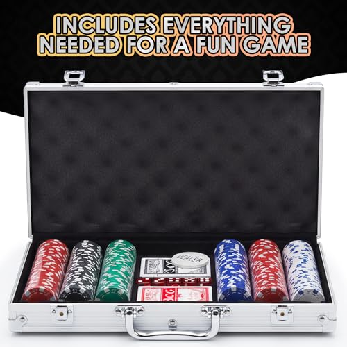 Gamie Poker Set in Aluminum Case, Casino Poker chip Kit with 300 Chips, 2 Decks of Playing Cards, 5 Dice, and 1 Deluxe Case, Fun Game Night Supplies, Best Poker Gifts for Teens and Adults, Black - Thumbnail 2
