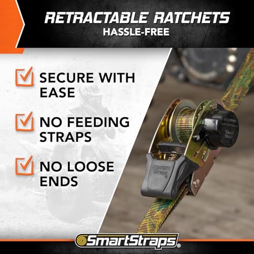 Image of SmartStraps 10' Retractable Ratchet Straps, 2 Pack - Heavy Duty Camo Ratchet Straps, 3,000lb Break Strength, 1,000lb Safe Work Load - Haul Motorcycles, Boats, and Appliances with Patented Technology