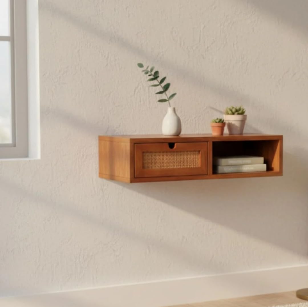 IThree Wall Mounted Floating Shelf with Drawer, Wood, Rattan Woven Panel, Open Storage Compartment-image-20