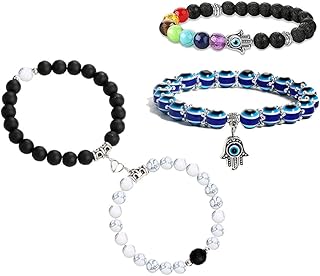 سوار العين الزرقاء للحسد للزوجين مطرز اساور شاكرات بدلاية سوار قابل للتمدد للنساء الرجال - 4 قطع, معدن, بدون أحجار كريمة