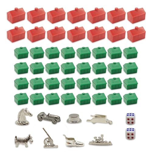 Monopoly Kit de pièces de rechange – 12 hôtels rouges, 32 maisons vertes et 8 figurines en métal – Accessoires de rechange Monopoly de haute qualité pour jeux de société, maisons et hôtels en