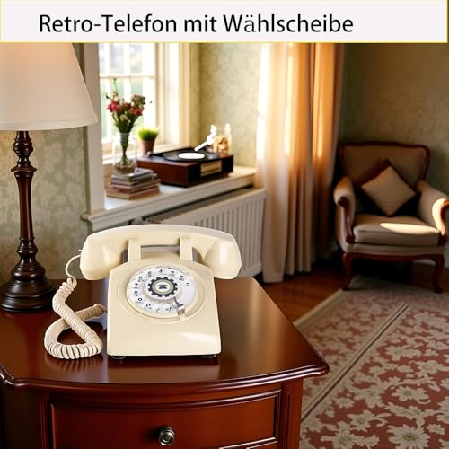 Retro Telefon mit Wählscheibe, Rotationsfernsprecher Ausgeschaltetem Klingel, Altes Telefon mit Mechanischer Glocke, Klassisches Vintage Verkabeltes Telefon, Backup Notfalltelefon,Beige