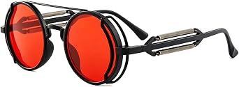 Red Retro Round Steampunk Sunglasses, Vintage Circle Frame, Unisex Cool Eyewear Gifts for Men and Women