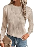 EVALESS Womens Long Sleeve Tops Shirts 2026 Fashion Trendy Dressy Casual Spring Summer Fall Round Neck Textured Loose Fit Blouses Clothes Outfits,Apricot Small