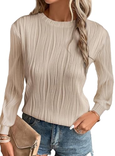 EVALESS Womens Long Sleeve Tops Shirts 2025 Fashion Trendy Dressy Casual Spring Summer Fall Round Neck Textured Loose Fit Blouses Clothes Outfits,Apricot Large