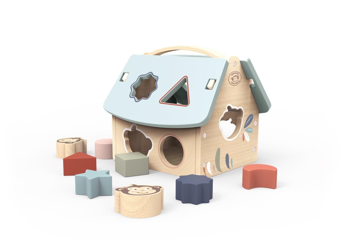 Speedy Monkey Puzzle Casa In Legno Con 8 Blocchi - Gioco Educativo Per Forme E Colori, Certificato FSC