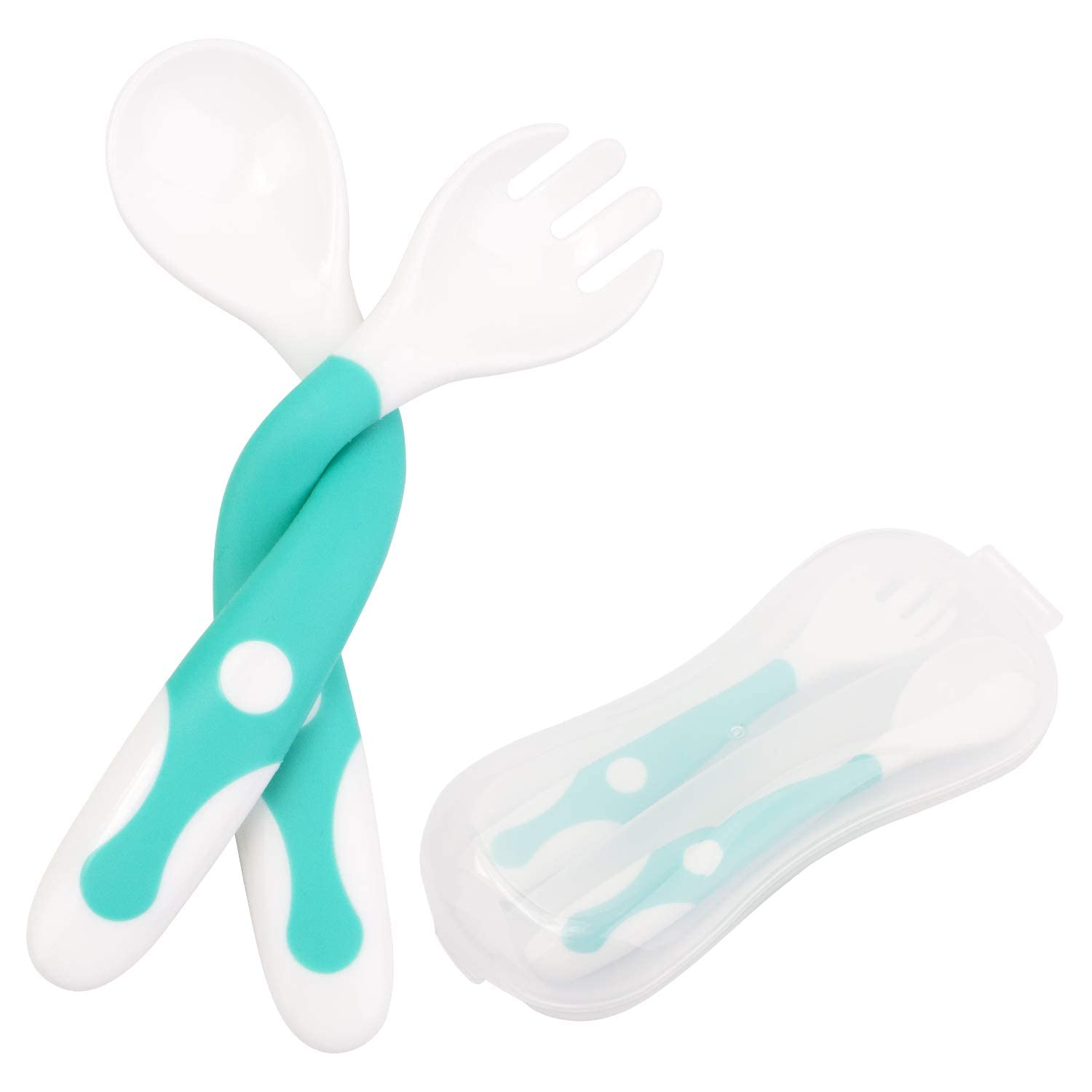 Mumoo Bear Baby Utensils Spoons Forks Set with Travel Safe Case Toddler Babies Children Feeding Training Spoon Easy Grip Heat-Resistant Bendable Soft Perfect Self Feeding Learning Spoons
