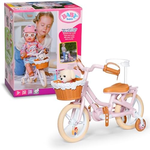 BABY born Fahrrad mit Lucky für 43 cm Puppen | Korb, Lenkstange, Stickerbogen, passend für 43 cm Puppen