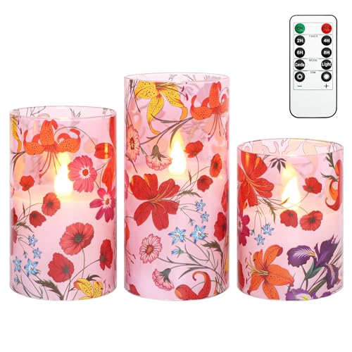 Image of Flameless Candles Glass with Remote Control & Timer Function, Red Multicolor Flower Design LED Candles, Home Party Wedding Christmas Spring Summer Decor, Set of 3