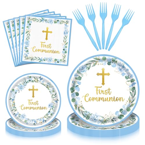 96 Pieces First Communion Floral Tableware Set Blue Floral Cross Disposable Plates Napkins for First Communion Party Christening Baptism and Religious Celebrations Serves 24 Guests