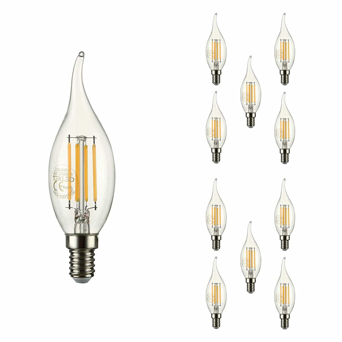 TEKLED® C35 Tail Filament Vintage LED Bulbs | Flame Tip E14 Small Edison Screw | Energy Saving 4W Light Bulb 40W Equivalent | NONDIMMABLE Clear 2700K 470LM | 10-Pack | Warm White