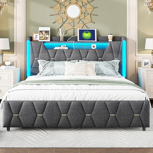 XMETPR Upholstered Double Bed 160x200cm with LED Lightings & 4 Drawers & Storage Headboard & 1 Type-C/2 USB Charging Station,Wooden Slates,Linen,Noise-Free,Grey