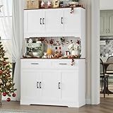 FACBOTALL Tall Kitchen Pantry Cabinet, Farmhouse Food Pantry Cabinet with Doors and Adjustable Shelves, Kitchen Hutch with Countertop and Microwave Stand for Dining Room, Living Room, White