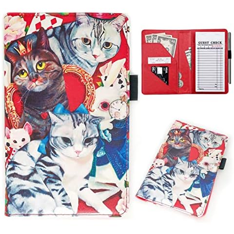 Menesia Server Book for Waitress, Waiter Serving Book Checkbook Wallet, Waitress Accessories, Guest Checks Books Holder Organizer(Red Cat) Cover