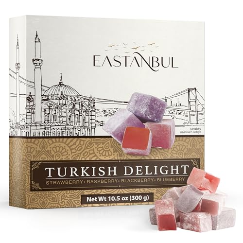 Eastanbul Turkish Delight, 10.5oz, Turkish Delights Candy Assorted Strawberry, Blackberry, Raspberry & Blueberry Flavor, International Candy, Lokum, Plain, Gluten Free, Vegan