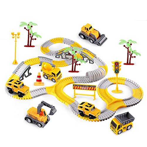 305PCS Construction Race Tracks for Kids - 2 Electric Cars, 4 Construction Cars, DIY Collage Flexible Track Toys Set - Kids Gifts for 3-8 Year Old Boys and Girls