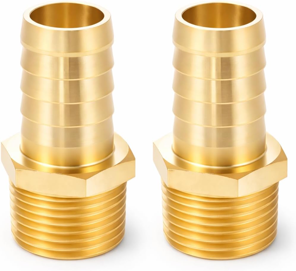Brass Barbed Hose Fittings, 1" Barb to 1" NPT Male Pipe Adapter Air Hose Fitting Adapter (2 Pack)