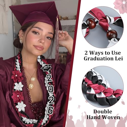 Lyrow Maroon Black Grey 50\'\' 2026 Graduation Lei Double Braided Strands Graduation Ribbon Leis with 4 Satin Flowers Congrats Graduates Money Leis Class of 2026 Gift for Men Women