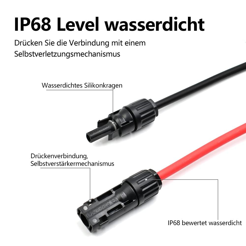 6mm² Solarkabel Verlängerung 2×15m, Solarmodule Solar Verlängerungskabel 6mm2 15m, Solarpanel Solar Kabel mit IP68 Wasserdicht 1500V Solarstecker für Solaranlage Photovoltaik System