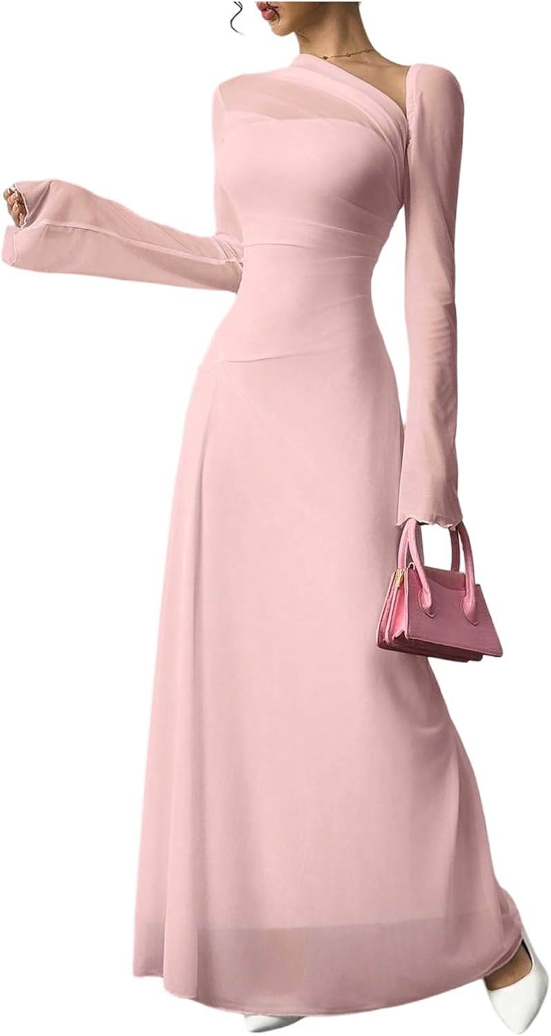 GORGLITTER Women's Mesh Sheer Bell Long Sleeve Maxi Dress Prom Wedding Guest Dress Slip Party Cocktail Slimming Dresses