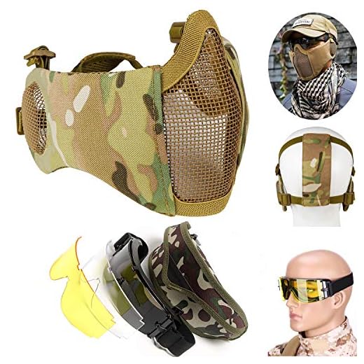 Youmay Tactical Mask Airsoft Goggles, Protective Half Face Mesh Masks Face Masks Ear Protection and Goggles Set for CS/Hunting/Paintball/Shooting
