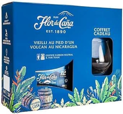 Coffret Rhum Flor de Caña 12 ans avec Verre de Dégustation 40° 70cl – Rhum Premium du Nicaragua – Sans Sucre Ajouté – Cadeau pour Amateur de Spiritueux