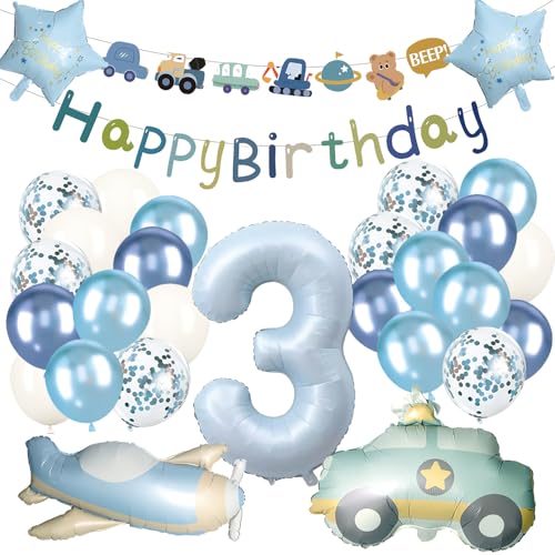 Decoration Anniversaire 3 Ans Garcon 31 Pièces, Décoration D'anniversaire Voitures et Avions Garçon 3 ans, Ballon 3 Ans Anniversaire Bleu Pastel, Decoration anniversaire Chantier de garçon