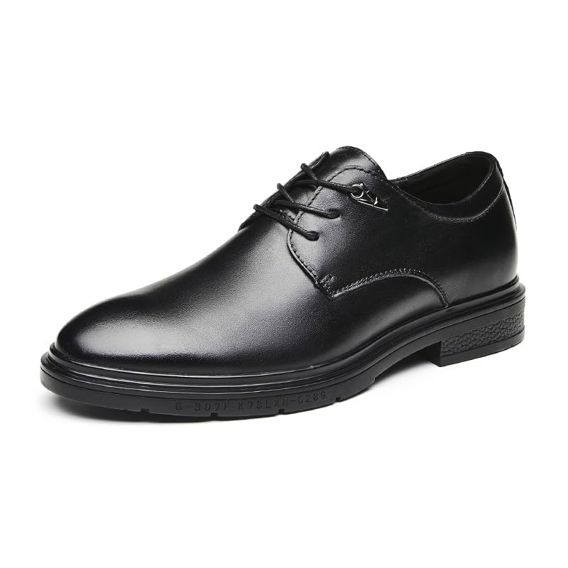 Oxford Formal Shoes for Men Lace Up Solid Color Round Toe Leather Height Increasing Elevator 2.3in Derby Shoes Rubber Sole Block Heel Slip Resistant