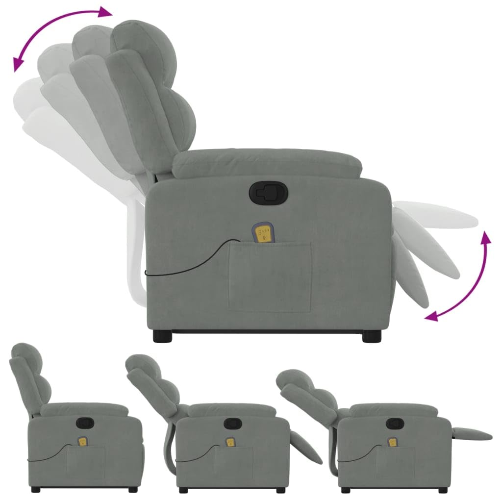 Sillón elevador reclinable gris claro de terciopelo con masaje y elevación eléctrica, función de vibración de 6 puntos, reclinación manual de 135 grados, estructura estable