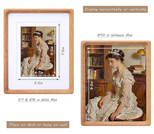 Image of 8x10 Picture Frame with Mat for 5x7 /6x8, USA-Sourced Natural Teak Wood Handcrafted Rounded Corner with Real Glass, Vertical or Horizontal Display Photo Gallery Wall & Tabletop Frame