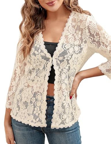 Image of Bolero Shrugs for Women Dresses Black White Lace Summer Beach Lightweight Sheer Long Sleeve Wedding Cardigan Dressy