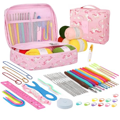 Image of KRENZ Crochet Kit for Beginners Adults, Crochet Kits Include Yarn, 59pcs Crochet Starter Kit for Beginners Kids,Ergonomic Crochet Hooks 2.0-6.0 mm, Lace Steel Needles 0.6-1.9 mm (Pink Unicorn)
