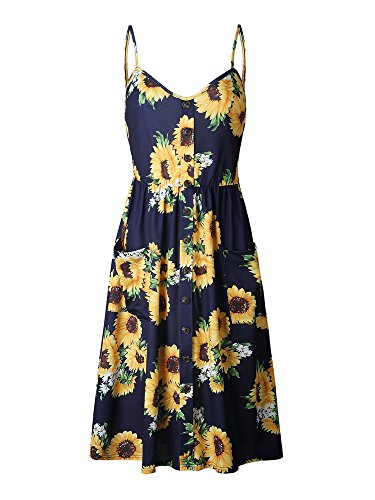 OCHENTA Women's Dresses-Summer Floral Bohemian Adjustable Spaghetti Strap Button Down Swing Midi Dress with Pockets Color 2 Navy Sunflower S