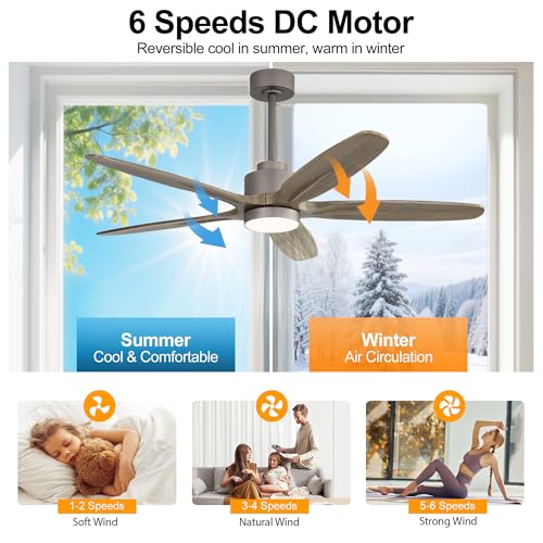 Image of WINGBO 54 inch Ceiling Fan with Light - 5 Carved Solid Wood Blades, 6-Speed Reversible DC Motor, Dimmable, 3CCT, Noiseless Remote Control Ceiling Fans with Lights for Bedroom Living Room, Charcoal Gray