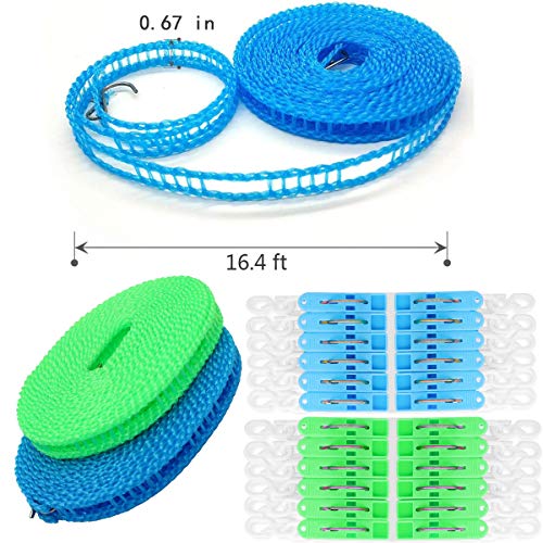 Clotheslines Foshine 2 Pack Clothesline Clothes With 24 Pcs Clips Drying Rope Portable Windproof Travel Clothesline For Indoor Outdoor Laundry Perfect Windproof Clothes Line, Hanger For Camping Home #TOP2