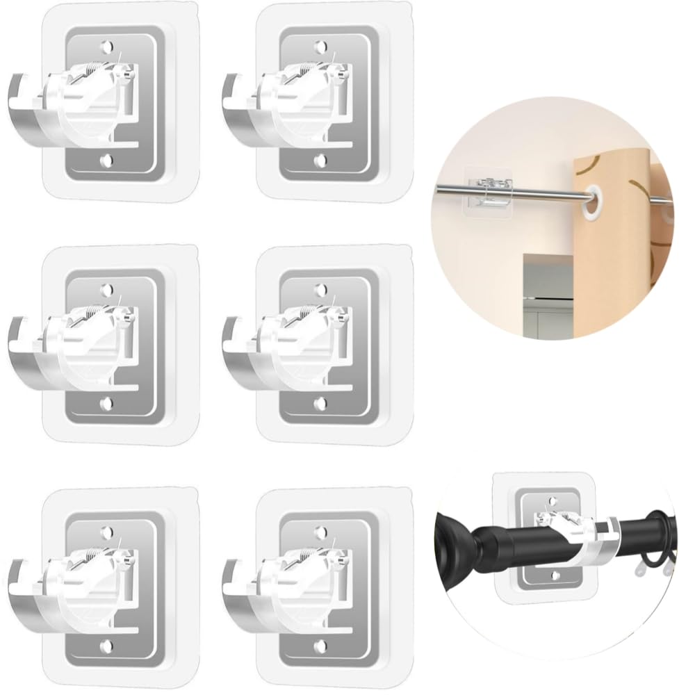 Kofati 6PCS Curtain Rod Holder,Self Adhesive Curtain Rod Holder,No Drill Curtain Rod Brackets,Holder Hooks Adjustable Curtain Rod Hooks Curtain Hangers for Bathroom Kitchen Home Bathroom and Hotel