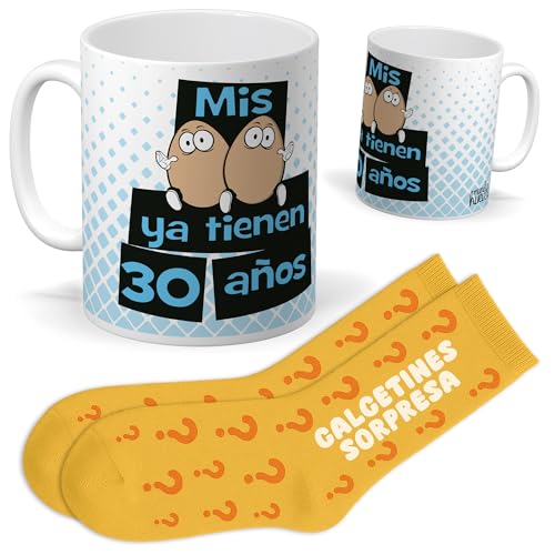 Set de Cumpleaños 30 Años | Taza “MIS HUEVOS YA TIENEN 30 AÑOS” + Calcetines Sorpresa | Regalo Original y Divertido para Hombre o Mujer | Idea para Fiestas, Amigos, Familiares y Detalles con Humor