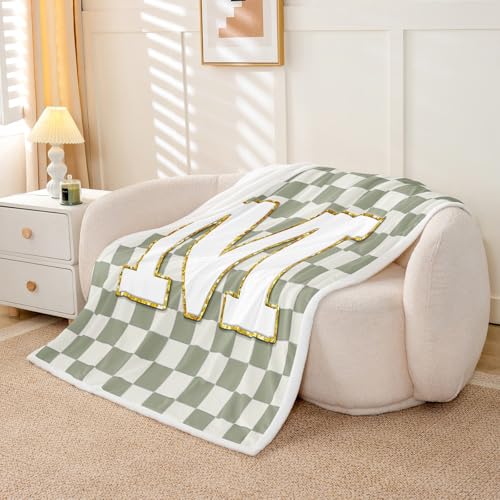 Image of Erosebridal Sage Green Checkered Sherpa Blanket Plaid Initial M Fuzzy Plush Throw Personalized Monogram Fleece Blanket for Kids Boys Girls,Fashion Grids Gingham Decor for Bed Couch Twin 60 inchx80 inch